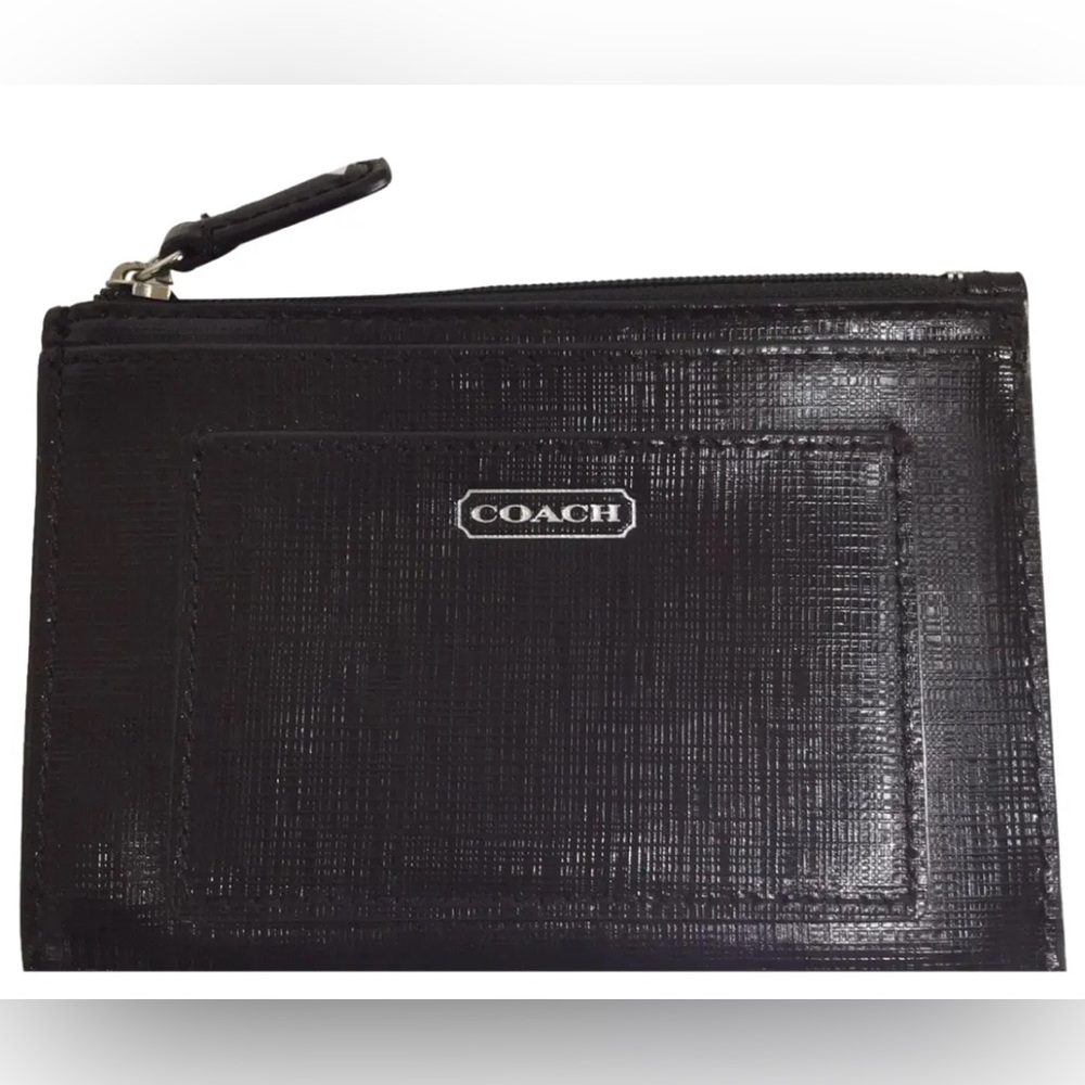 GUC COACH DARCY BLACK CROSSGRAIN SAFFIANO LEATHER KEY RING CARD CASE WALLET - Picture 1 of 4